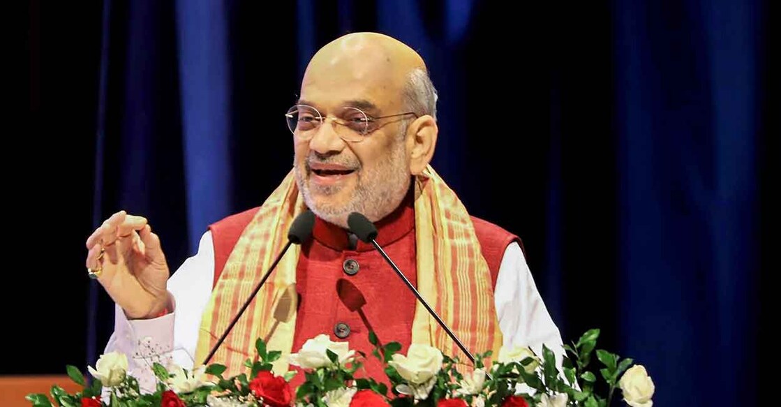 Union Minister for Home Affairs and Cooperation Amit Shah addresses the gathering at the laying foundation ceremony of National Forensic Sciences University (NFSU), in Guwahati, Thursday, May 25, 2023. Photo: PTI 