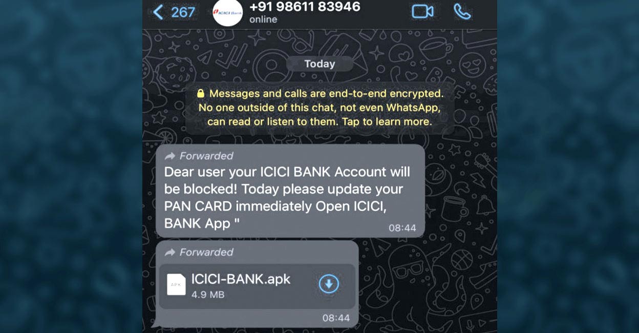 fake-message-banks The fake message, which had an ICICI Bank app, with a .apk extension. Photo: Manorama