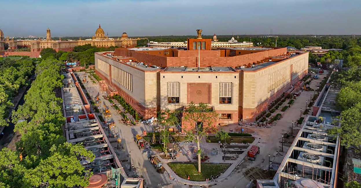 New Parliament building, that will be inaugurated by Prime Minister Narendra Modi on Sunday, in New Delhi, Saturday, May 27, 2023. Photo: PTI