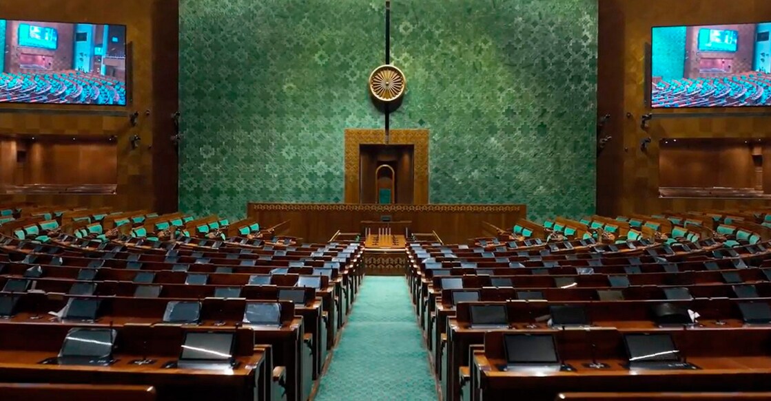 Inside view of the newly-constructed Lok Sabha that will be inaugurated by Prime Minister Narendra Modi on May 28, at Parliament house in New Delhi. Photo: PTI