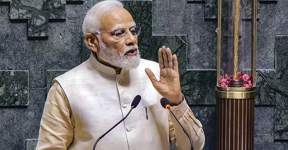 Prime Minister Narendra Modi addresses a gathering inside the Lok Sabha chamber, at the new Parliament building in New Delhi. Photo: PTI