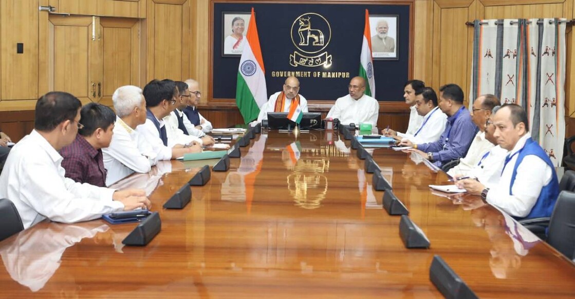 Union Home Minister Amit Shah chairs a meeting with Manipur CM N. Biren Singh, state ministers, senior leaders and officials, in Imphal. Photo: PTI