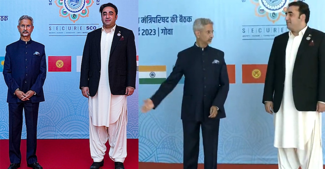No handshake: External Affairs Minister S. Jaishankar with Pakistan's Foreign Minister Bilawal Bhutto Zardari before the Shanghai Cooperation Organisation (SCO) Foreign Ministers Meeting in Goa on Friday. Photos: Screengrab