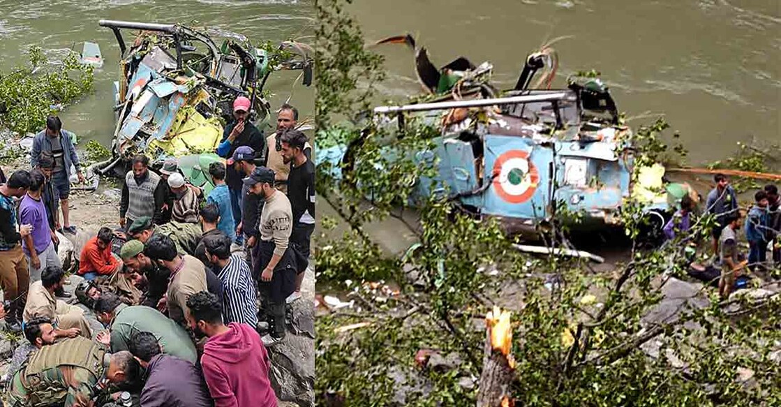 PTI05_04_2023_000120B Wreckage of an Indian Army helicopter after it crashed in Jammu and Kashmir's Kishtwar district, Thursday, May 4, 2023. At least three people, including its pilot and co-pilot, were injured in the incident, according to officials. Photo: PTI