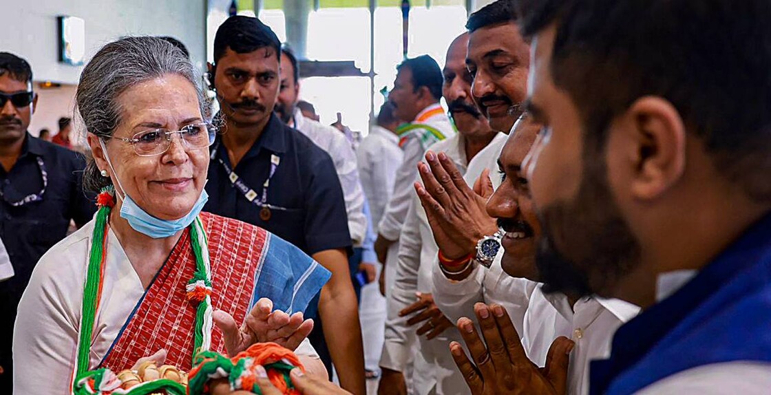 Senior Congress leader Sonia Gandhi being welcomed upon her arrival at Hubballi airport, Saturday. Photo: PTI