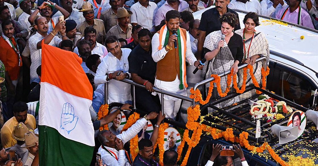 Congress leader Priyanka Gandhi campaigns for Hosakote constituency party candidate Sharath Bacchegowda ahead of Karnataka Assembly polls. Photo: PTI