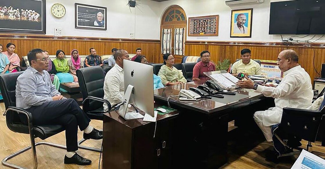 Manipur Chief Minister N Biren Singh holds a meeting with the representatives of Coordinating Committee on Manipur Integrity (COCOMI) in light of the prevailing situation in Manipur, in Imphal, Saturday, May 6, 2023. Photo: PTI