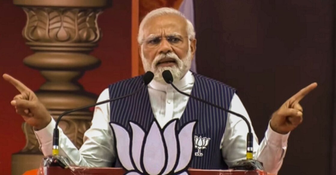 Prime Minister and senior BJP leader Narendra Modi speaks during a public meeting ahead of Karnataka Assembly elections, at Nanjanagudu in Mysuru district, Sunday, May 7, 2023. Photo: PTI