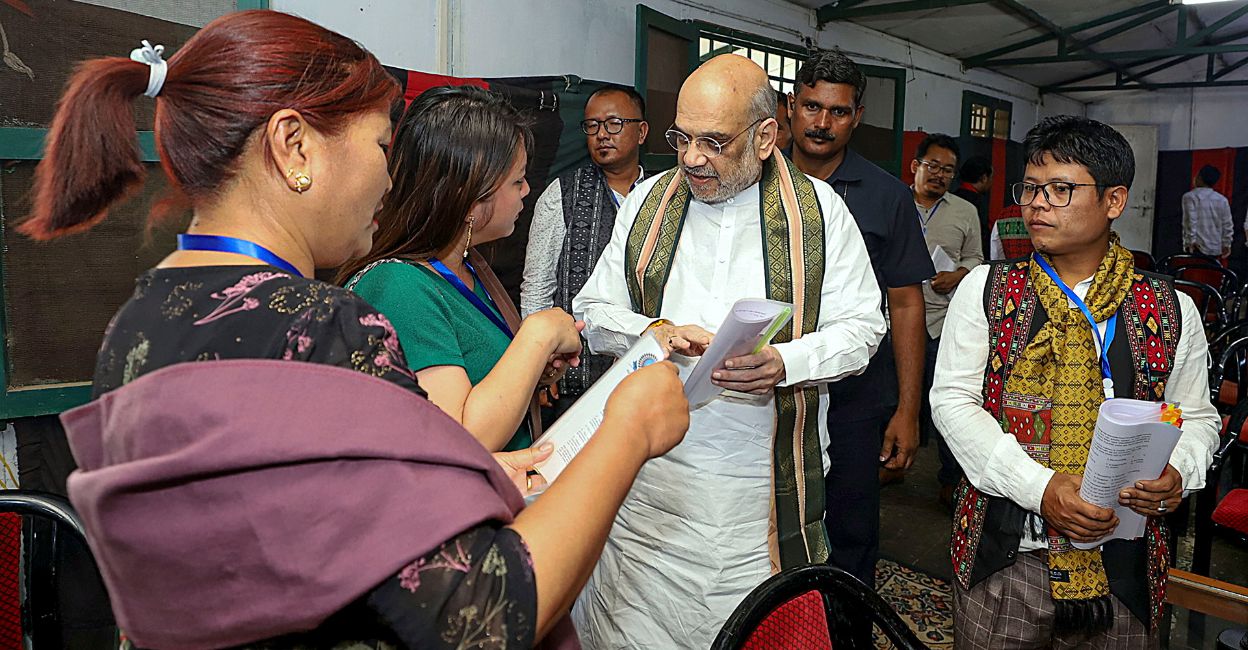 amit-shah-imphal Union Home Minister Amit Shah during a meeting with delegations of civil society organisations, in Kangpokpi, Wednesday, May 31, 2023. Photo: PTI