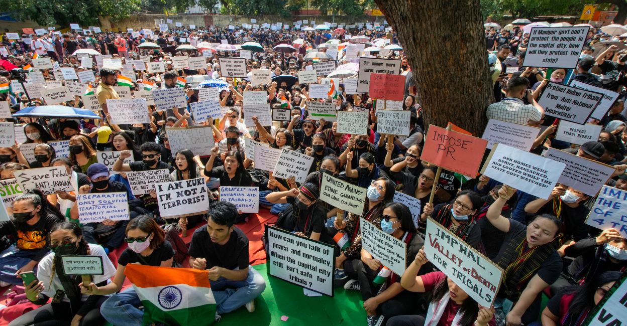 Tribal people of Manipur stage a protest against the ongoing tension in the state, at Jantar Mantar, in New Delhi, Wednesday, May 31, 2023. Photo: PTI