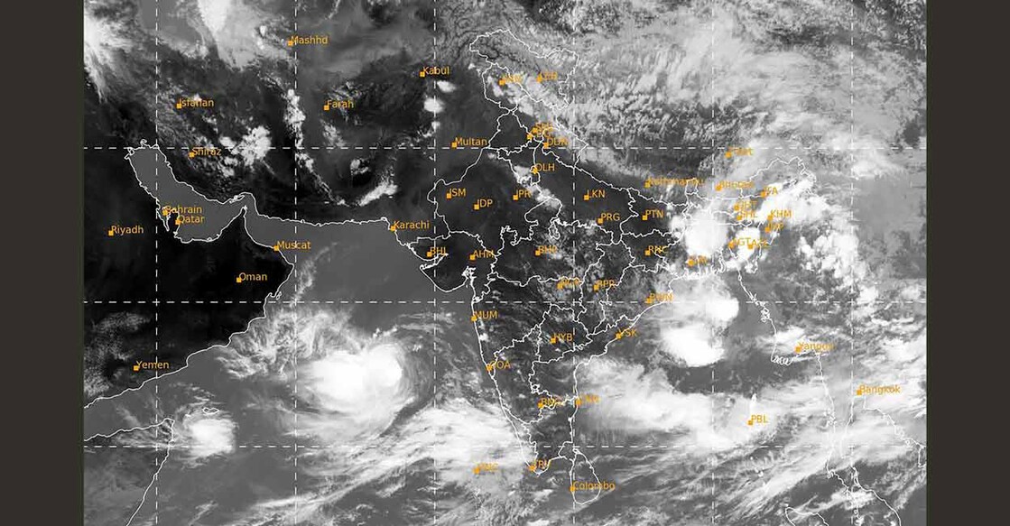 PTI06_09_2023_000126B Satellite image taken between 03:00 pm to 03:26 pm IST shows the location of Cyclone Biparjoy in the Arabian Sea, on Friday, June 9, 2023. Photo: PTI