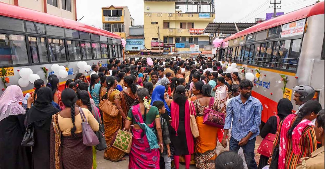 Women wait to board buses after the launch of Shakti Scheme, in Chikmagalur, Karnataka, Sunday, June 11, 2023. Photo: Manorama