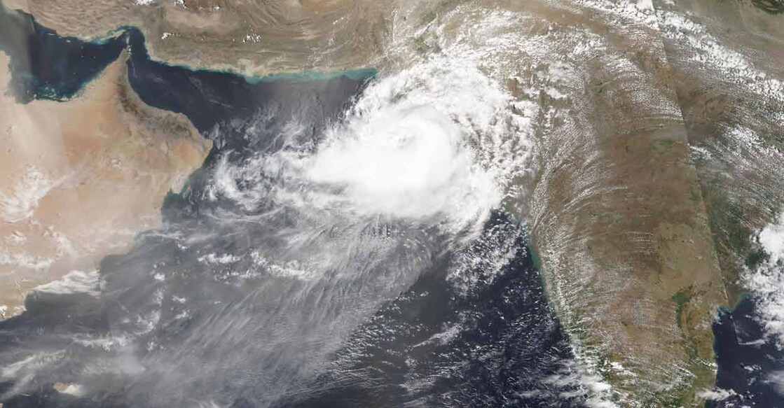 Satellite image released by NASA shows Cyclone Biparjoy approaching southern Pakistan and Gujarat coast. Photo: Twitter/NASA Earth