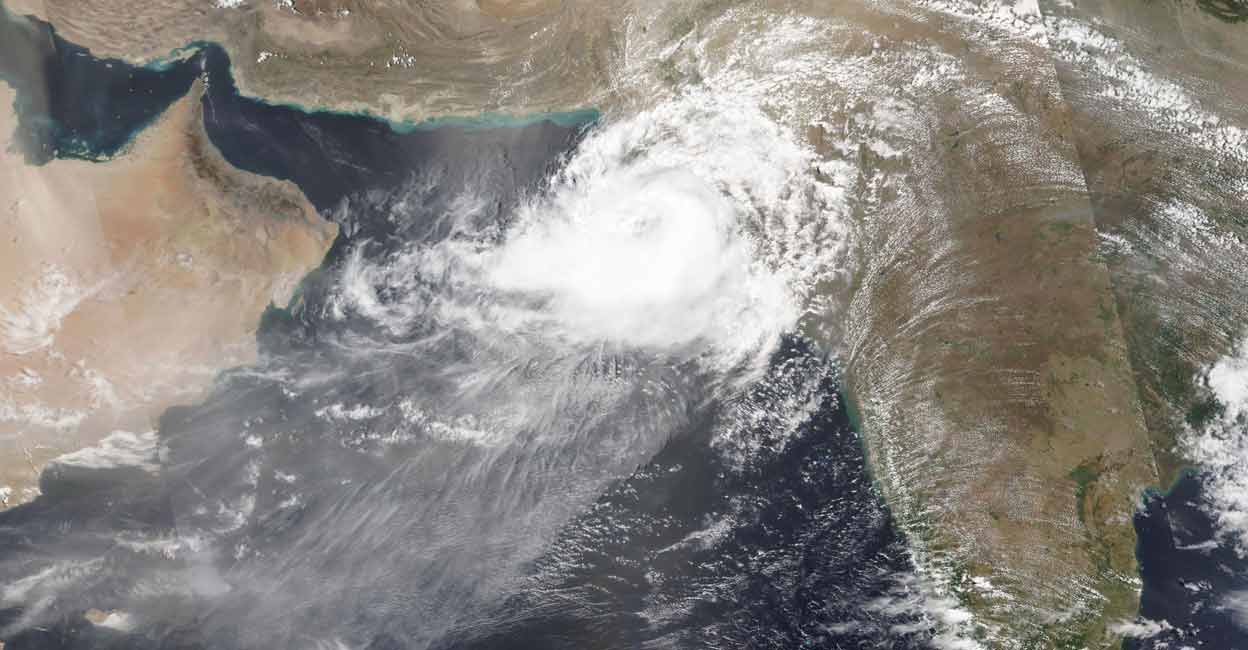 Satellite image released by NASA shows Cyclone Biparjoy approaching southern Pakistan and Gujarat coast. Photo: Twitter/NASA Earth