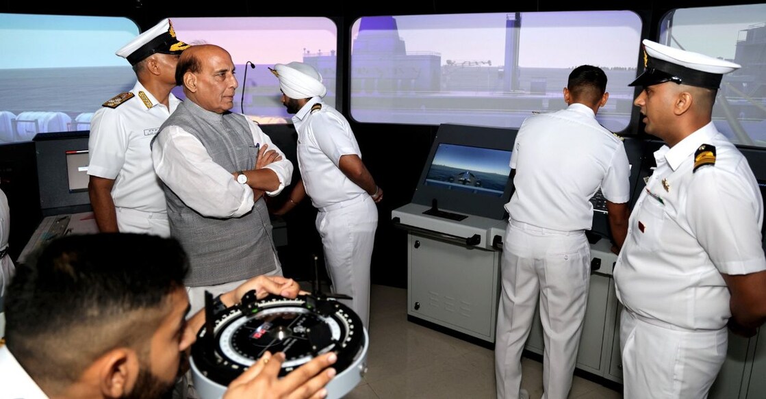 rajnath-singh-dhruv Union Defence Minister Rajnath Singh visits the Integrated Simulator Complex Dhruv at Southern Naval Command, in Kochi, Wednesday, June 21, 2023. Photo: PTI