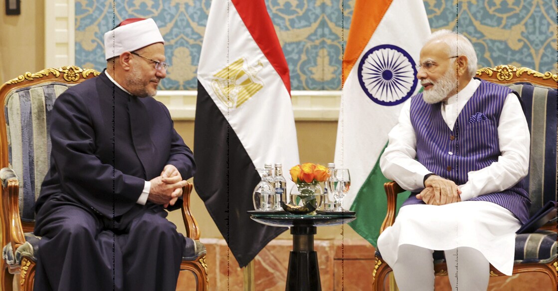 Prime Minister Narendra Modi with Grand Mufti of Egypt, Prof. Shawky Ibrahim Allam during a meeting, in Cairo on Saturday. Photo: PTI