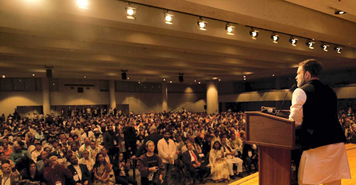 PTI06_05_2023_000002B Congress leader Rahul Gandhi addresses Indian diaspora at an event in New York, USA, Sunday, June 4, 2023. Photo: PTI
