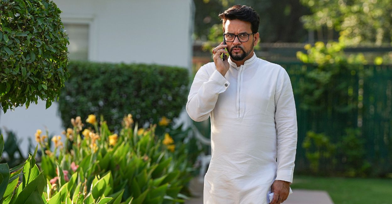 Union Minister for Youth Affairs and Sports Anurag Thakur at his residence after a meeting with wrestlers, in New Delhi, Wednesday, June 7, 2023. Photo: PTI