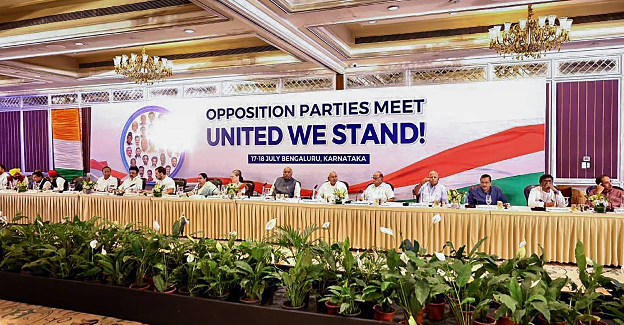 oppn-meeting-bengaluru Congress President Mallikarjun Kharge, senior party leaders Sonia Gandhi, Rahul Gandhi, NCP chief Sharad Pawar, West Bengal CM Mamata Banerjee, Tamil Nadu CM MK Stalin, Delhi CM and AAP convenor Arvind Kejriwal and others during opposition parties' meet. Photo: PTI