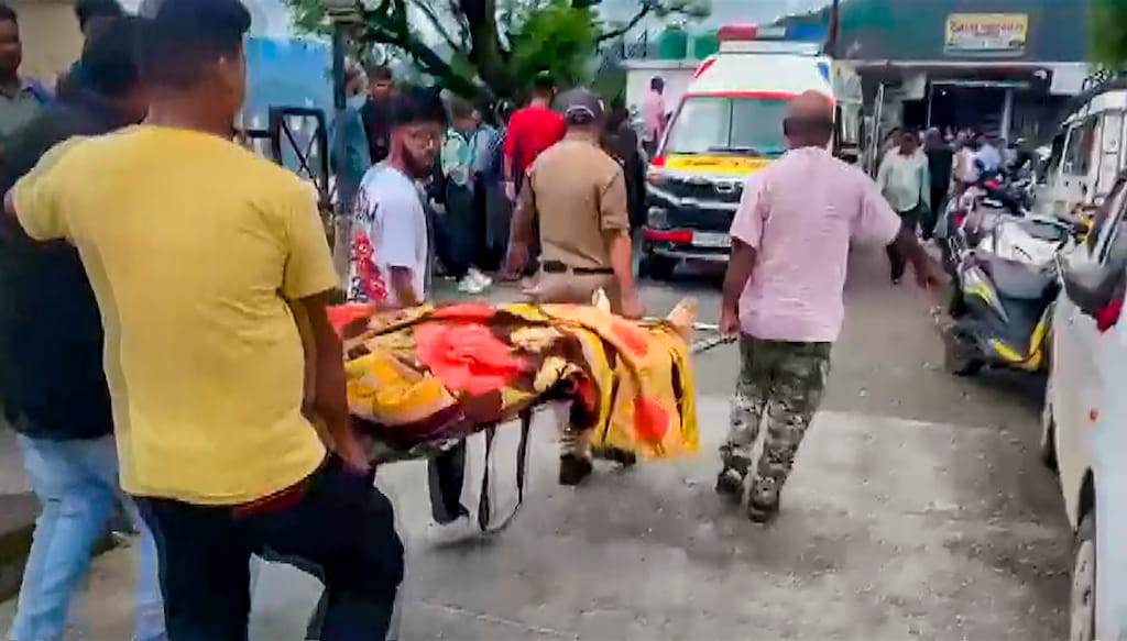 PTI07_19_2023_000070B **EDS: SCREENSHOT FROM PTI VIDEO** Chamoli: An injured being taken to hospital after a power transformer exploded on the banks of the Alaknanda river, in Chamoli district, Wednesday, July 19, 2023. At least 15 people were killed and several injured in the accident, according to officials. (PTI Photo)(PTI07_19_2023_000070B)