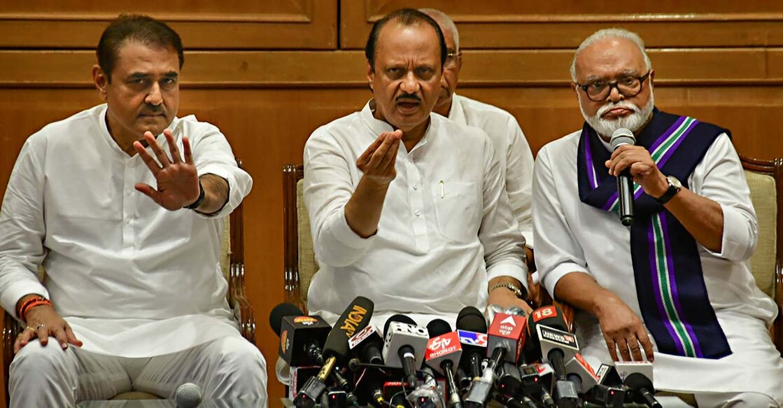 PTI07_02_2023_000129B Ajit Pawar with Nationalist Congress Party (NCP) leaders Chhagan Bhujbal and Praful Patel. Photo: PTI