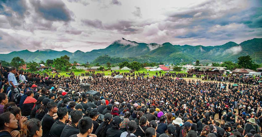 Members of Indigenous Tribal Leaders Forum (ITLF) take part in a protest rally as a mark of protest against the harrowing incident that occurred on May 4, in Churachandpur district, Manipur, Thursday, July 20, 2023. Photo: PTI