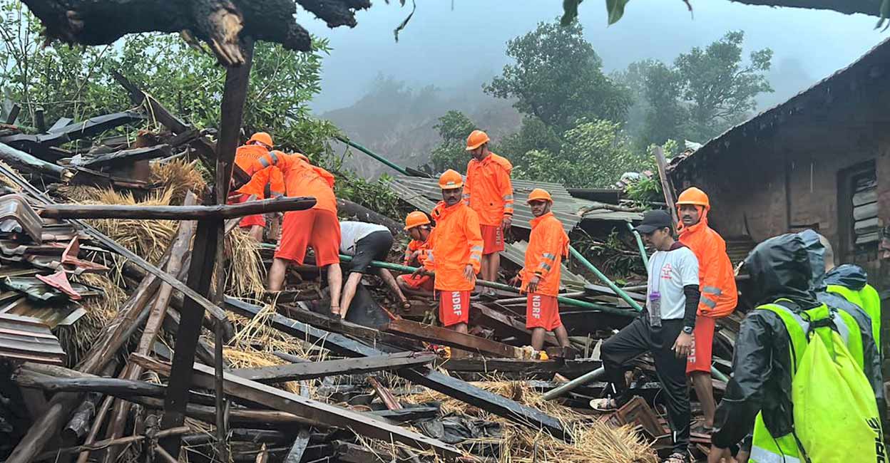 NDRF personnel during a search and rescue operation after a landslide at Irshalwadi village in Raigad district, Thursday, July 20, 2023. At least 5 people were killed in the incident, according to officials. Photo: PTI