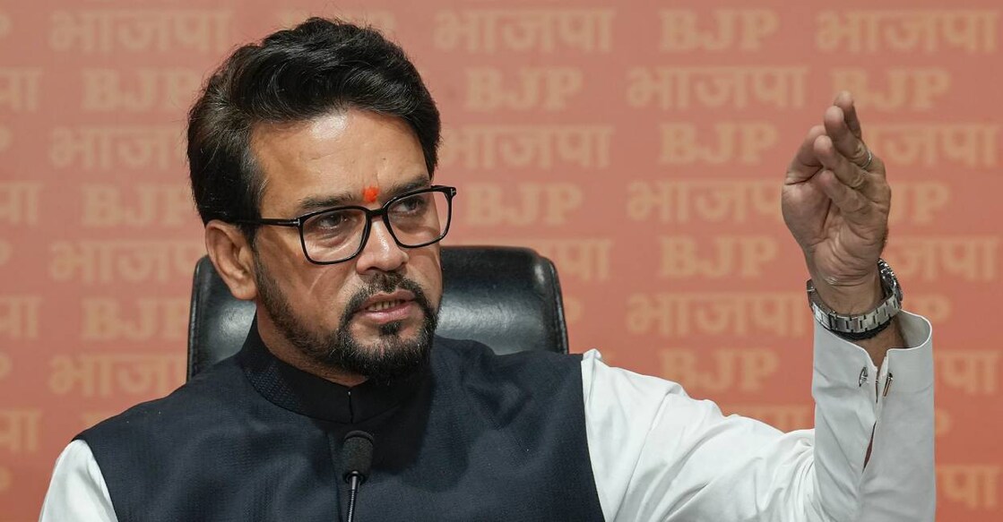 Union Minister Anurag Thakur addresses a press conference at BJP headquarters, in New Delhi. Photo: PTI
