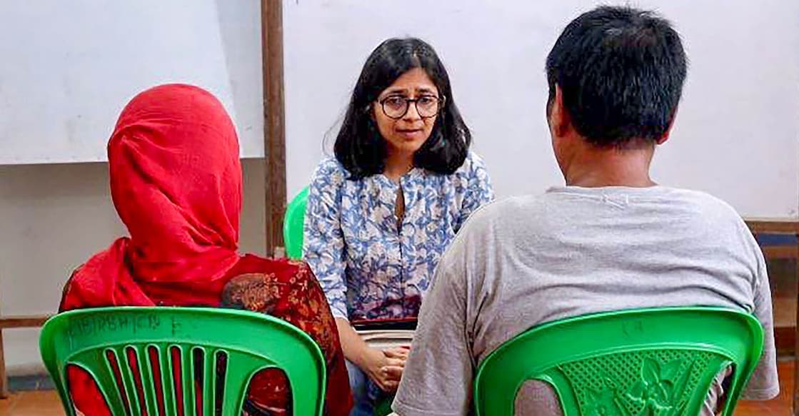 Chairperson of Delhi Commission for Women Swati Maliwal meets family members of the two women who were paraded naked. Photo: PTI Photo