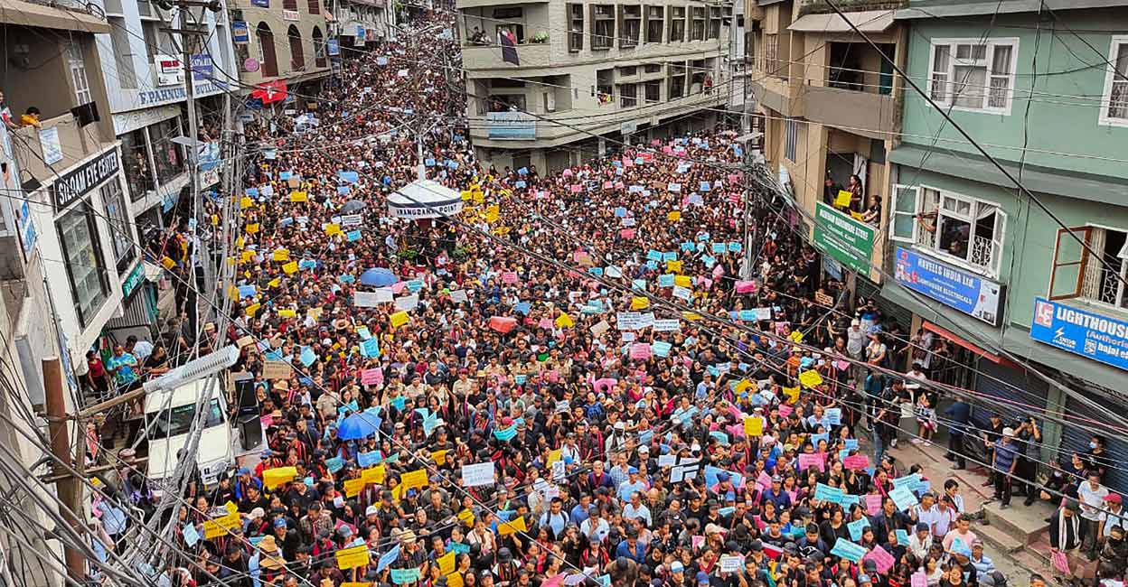 Civil society organisations stage a demonstration to express solidarity with the Zo people in ethnic strife-torn Manipur, in Aizawl, Mizoram, Tuesday, July 25, 2023. Photo: PTI