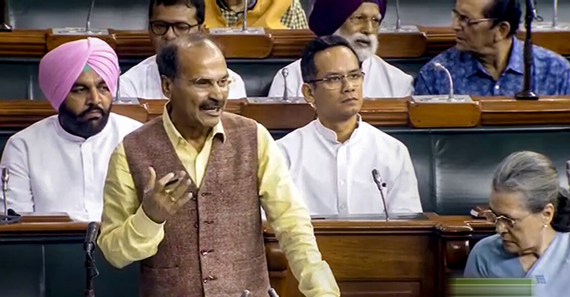 Congress MP Adhir Ranjan Chowdhury speaks during the discussion on the Motion of No-Confidence in the Lok Sabha during the Monsoon session of Parliament. Photo: PTI 
