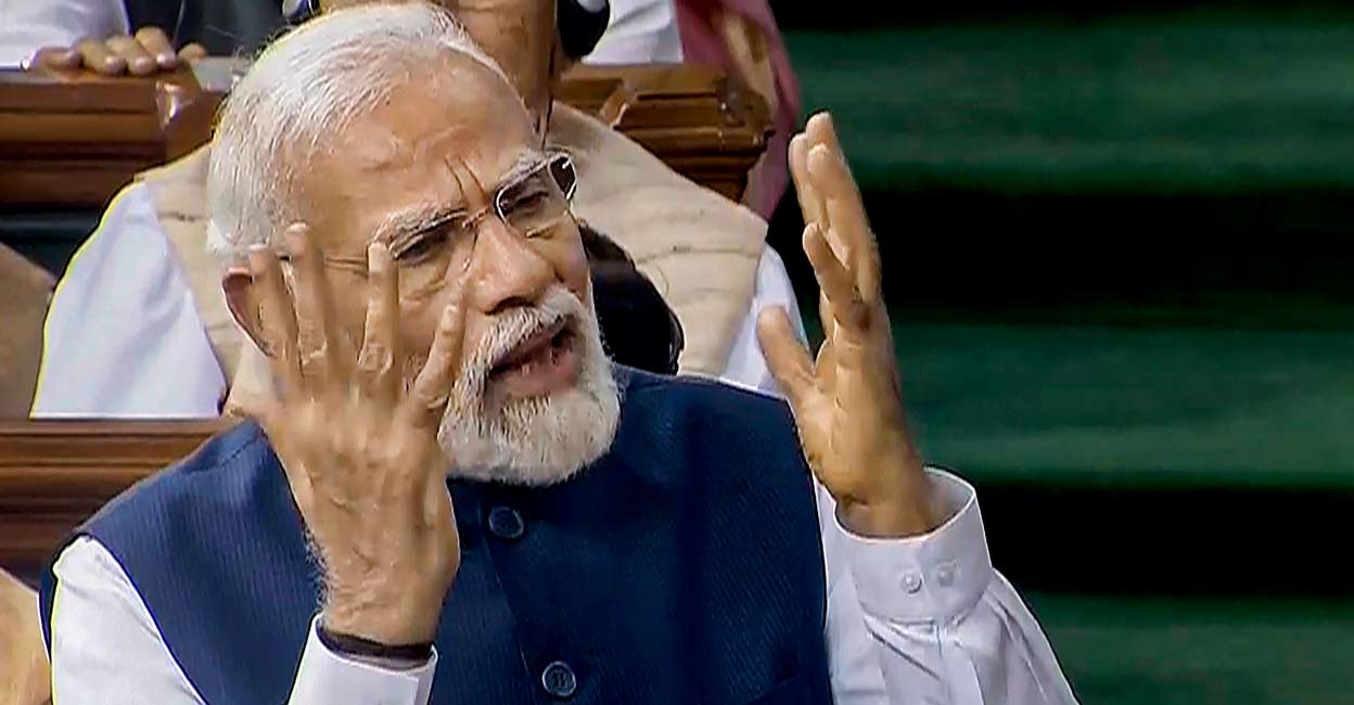 Prime Minister Narendra Modi replies to no-confidence motion on August 10, 2023. Photo: PTI