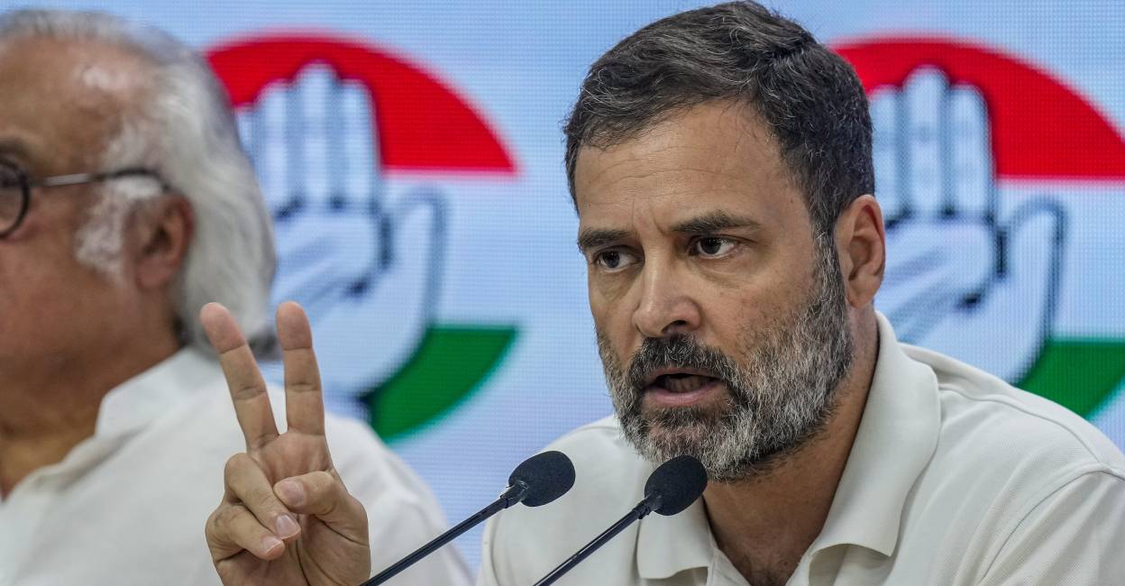 Rahul Gandhi Congress leaders Rahul Gandhi and Jairam Ramesh address a press conference at AICC headquarters, in New Delhi. Photo: PTI