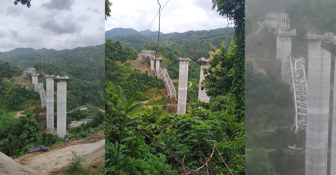 mizoram-bridge-collapse An under-construction railway bridge at Sairang area collapses, near Aizawl, Mizoram, Wednesday, August 23, 2023. Photo: IANS