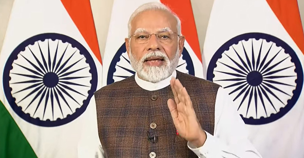 PTI08_23_2023_000212B India's Prime Minister Narendra Modi delivers an online address after the successful moon landing by Chandrayaan-3. Photo: PTI