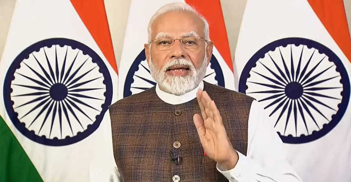 PTI08_23_2023_000212B India's Prime Minister Narendra Modi delivers an online address after the successful moon landing by Chandrayaan-3. Photo: PTI