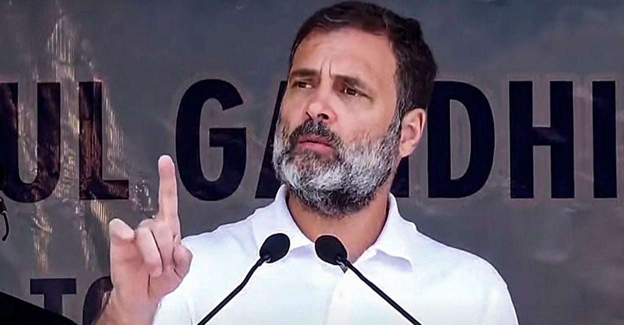 Congress leader Rahul Gandhi addresses a public meeting, in Kargil district, Ladakh, Friday, August 25, 2023. Photo: PTI
