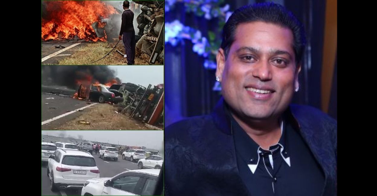 Collage of the car crash; Vikas Malu of Kuber Group. Photo: IANS
