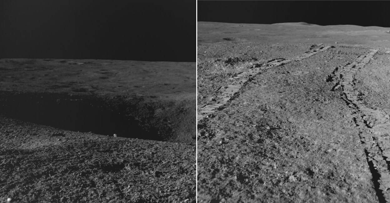 Photographs shared by ISRO showing the crater (left) and the path retraced by the rover.