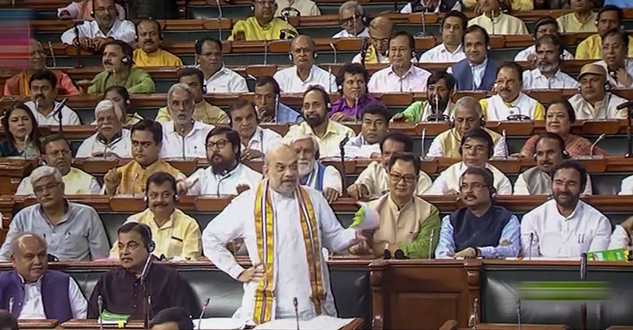 lok-sabha-delhi-services-bill Union Home Minister Amit Shah speaks in the Lok Sabha during the Monsoon session of Parliament . Photo: PTI