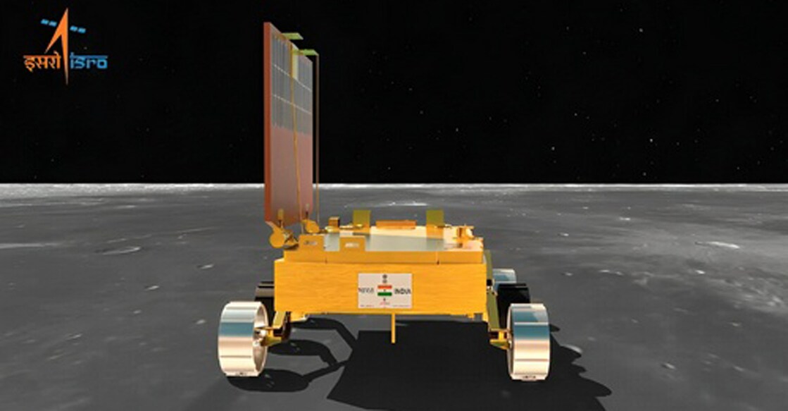 An illustration of Chandrayaan-3's Pragyan rover roaming on the lunar surface. Photo: PTI