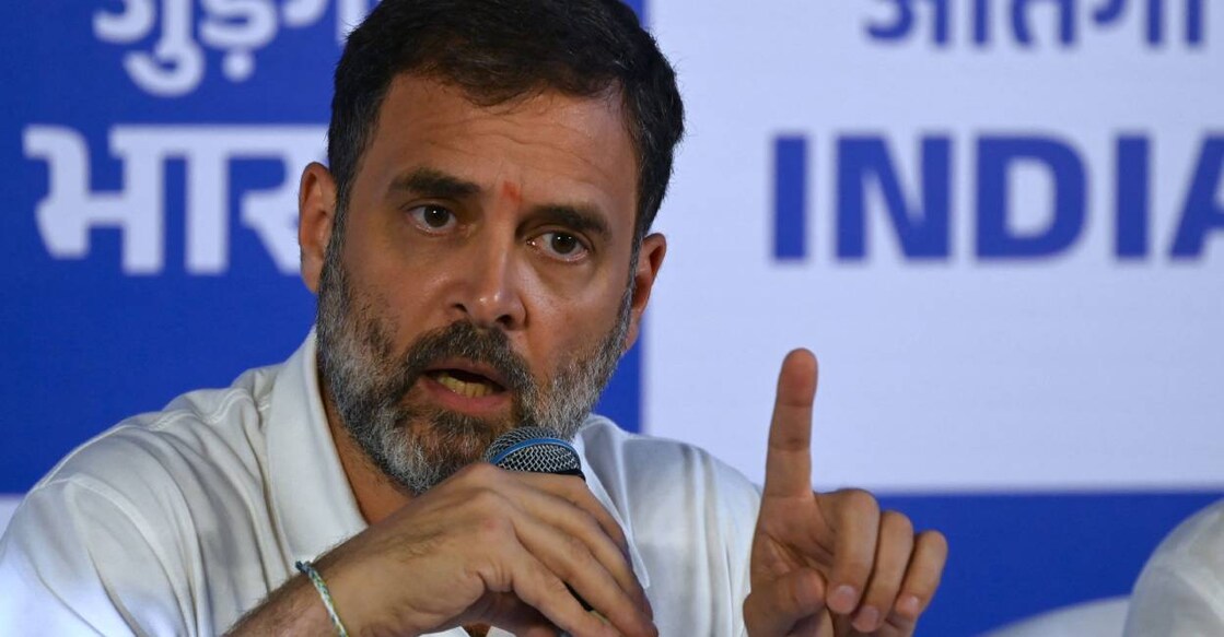 Rahul Gandhi addresses media in Mumbai. Photo: AFP/ Indranil Mukherjee