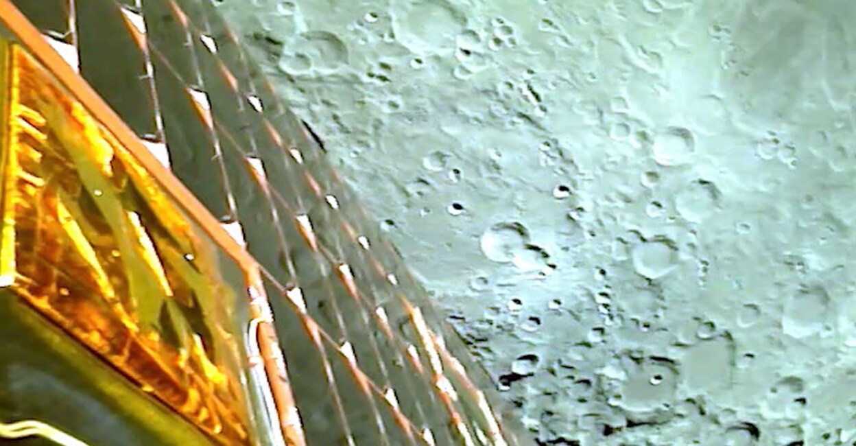 A screengrab of the video shared by ISRO showing the moon's surface as shot from Chandrayaan-3.