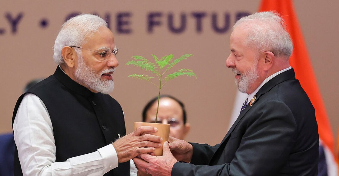 Narendra Modi with Brazil's President Luiz Inacio Lula da Silva during the symbolic tree plantation ceremony at the closing session of the G20 Summit 2023. Photo: PTI 