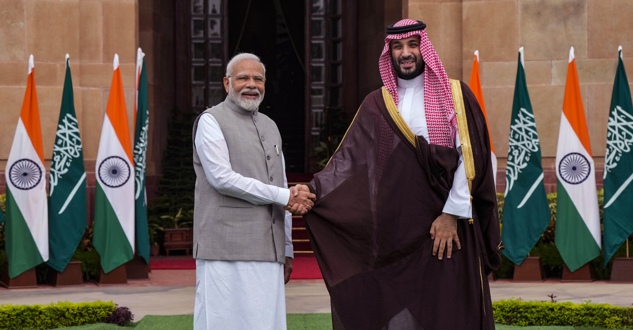 Prime Minister Narendra Modi with Saudi Arabia's Crown Prince and Prime Minister Mohammed bin Salman bin Abdulaziz Al Saud before a meeting at the Hyderabad House. Photo: PTI