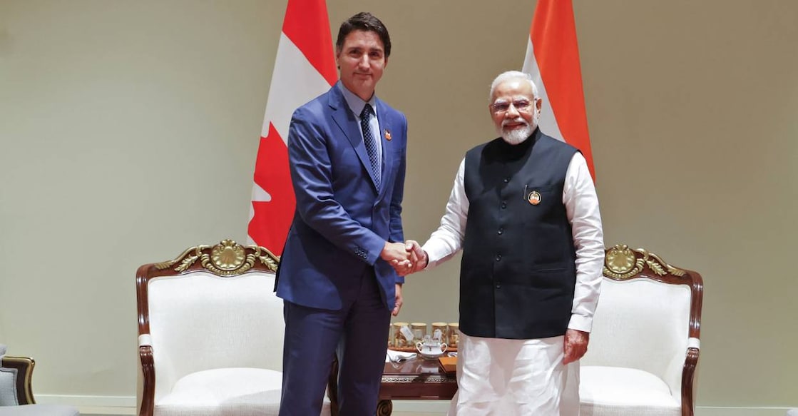 India's Prime Minister Narendra Modi and his Canada counterpart Justin Trudeau shake hands during a bilateral meeting after the G20 Summit in New Delhi . Photo: PIB