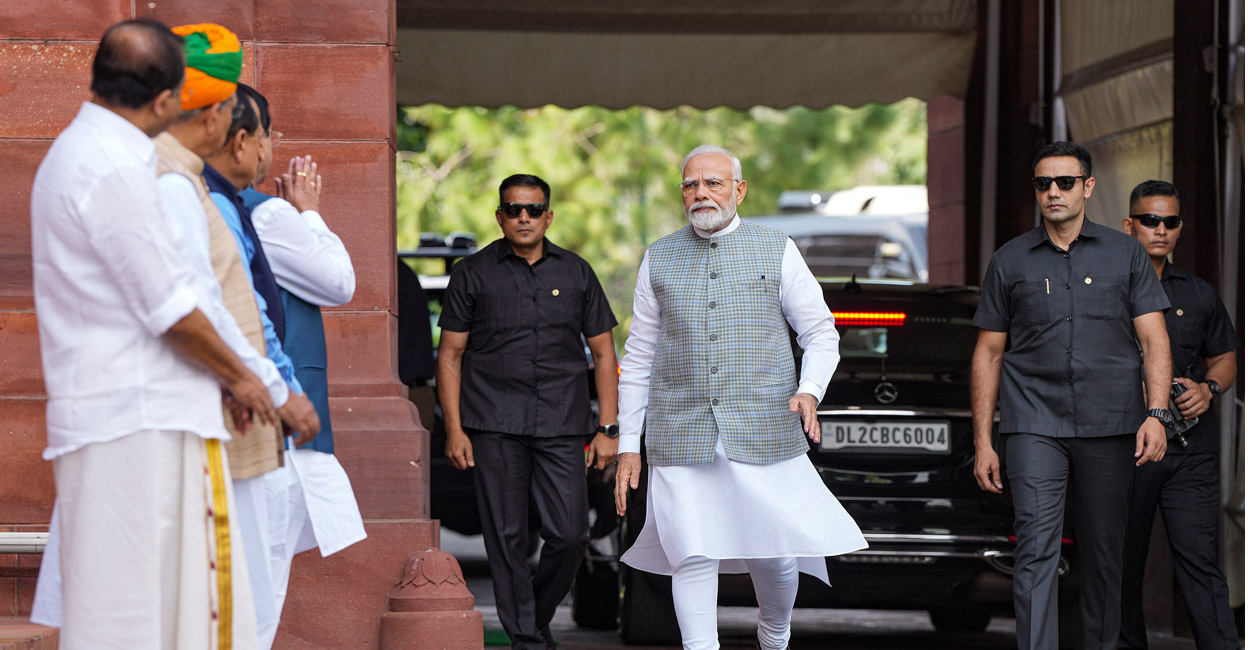 Prime Minister Narendra Modi arrives to address the media on the first day of the special session of Parliament on Monday. Photo: PTI Photo/ Arun Sharma