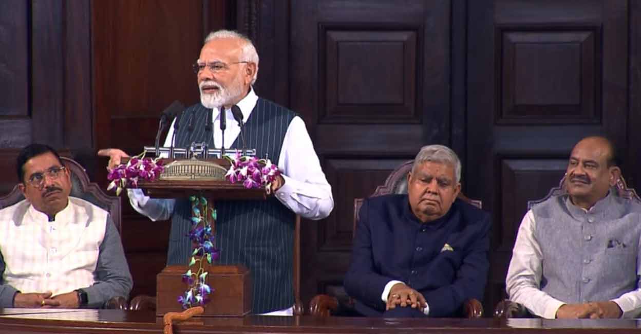 Prime Minister Narendra Modi speaks during an event organised in the Central Hall of Parliament on the occasion of the shifting of Parliament to the new building, in New Delhi, Tuesday, Sept. 19, 2023. Photo: Screengrab/Sansad TV