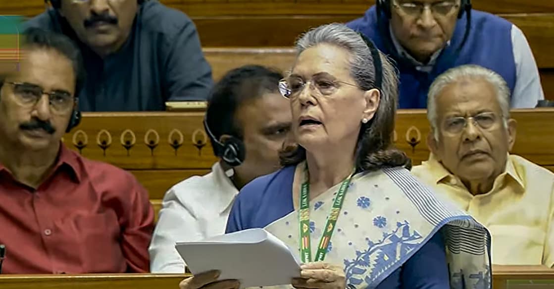Congress MP Sonia Gandhi speaks in the Lok Sabha during a special session of the Parliament in New Delhi on Wednesday. Photo: PTI/ Sansad TV/ Screengrab