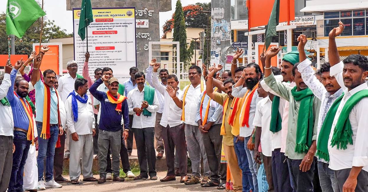 Pro-Kannada activists raise slogans during a protest against Cauvery Water Management Authority (CWMA) over its decision to ensure a flow of 5,000 cusecs of river water to Tamil Nadu till Sept. 29. Photo: PTI